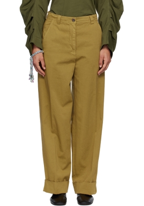 Dries Van Noten Khaki Cuffed Cotton Trousers