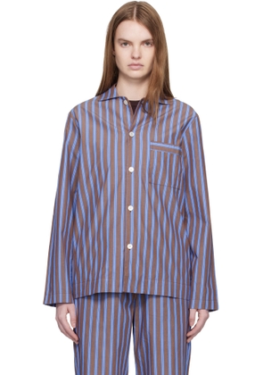 Tekla Brown & Blue Poplin Long-Sleeved Pyjama Shirt