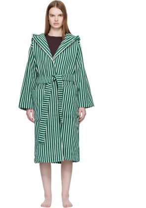 Tekla Green & White Terry Hooded Bathrobe