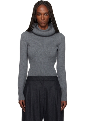 ALAÏA Gray Sculptural Hood Ribbed Knit Turtleneck