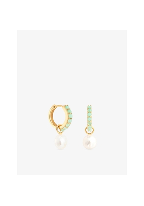 Womens Astrid & Miyu Charm 18ct Yellow Gold-Plated Sterling-Silver, Aqua Chalcedony and Freshwater Pearl Drop Huggies