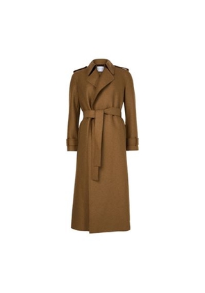 Double-stitched long trench in pressed wool