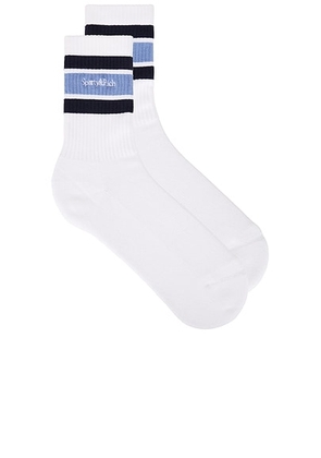 Sporty & Rich Serif Logo Socks in White  Dark Navy  & Colony Blue - White,Blue. Size all.
