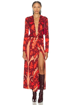 Johanna Ortiz Oasis Ankle Dress in Dark Wine  Peach  & Hot Red - Red. Size 0 (also in 4, 6, 8).