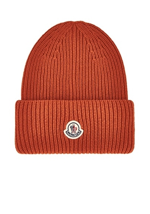 Moncler Logo Beanie in Red - Burnt Orange. Size all.