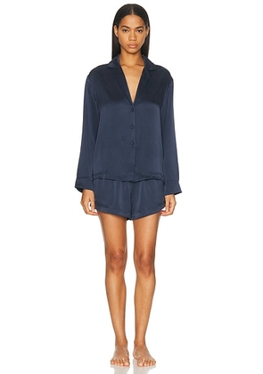 LUNYA Washable Silk Button Up Long Sleeve Short Pajama Set in Deep Blue - Navy. Size L (also in M, S, XS).