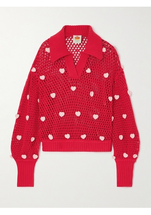 Farm Rio - Appliquéd Crocheted Cotton Polo Top - Pink - xx small,x small,small,medium,large,x large