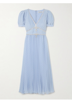 Self-Portrait - Crystal-embellished Metallic Fil Coupé Plissé-chiffon Midi Dress - Blue - UK 4,UK 6,UK 8,UK 10,UK 12,UK 14,UK 16