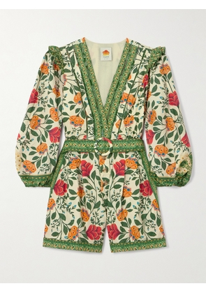 Farm Rio - Garden Tapestry Ruffled Belted Floral-print Cotton-poplin Jumpsuit - Green - xx small,x small,small,medium,large,x large