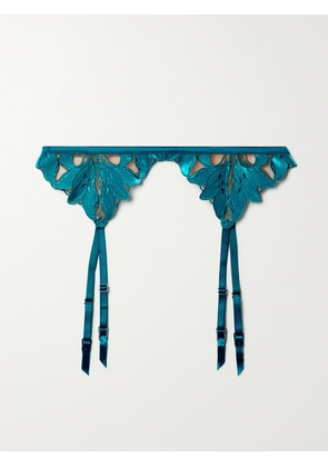 FLEUR DU MAL - Lily Velvet And Satin-trimmed Embroidered Tulle Suspender Belt - Blue - 1,2,3