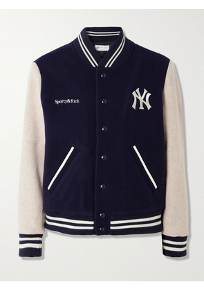 Sporty & Rich - + '47 And New York Yankees Leather-trimmed Embroidered Wool-felt Bomber Jacket - Blue - x small,small,medium,large,x large