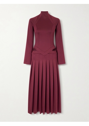Tolu Coker - Open-back Cutout Pleated Jersey Turtleneck Midi Dress - Burgundy - x small,small,medium,large