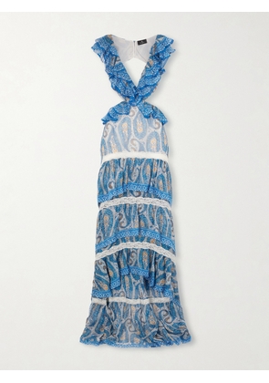 Etro - Asymmetric Ruffled Tiered Lace-trimmed Paisley-print Silk-chiffon Maxi Dress - Blue - IT36,IT38,IT40,IT42,IT44,IT46