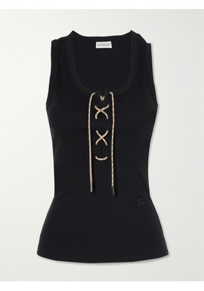 Burberry - Lace-up Embroidered Ribbed Stretch-cotton Jersey Tank - Black - xx small,x small,small,medium,large,x large