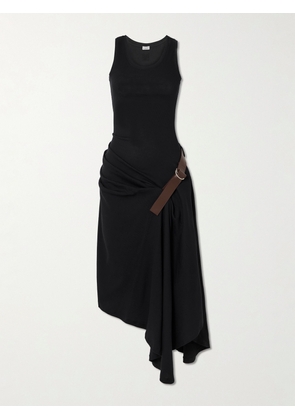 LOEWE - Asymmetric Belted Draped Gathered Leather-trimmed Cotton-blend Jersey Dress - Black - x small,small,medium,large