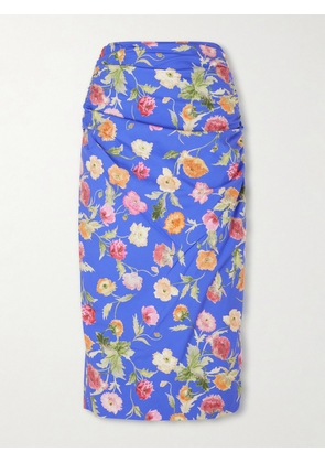 Carolina Herrera - Ruched Floral-print Cotton-blend Midi Skirt - Blue - US0,US2,US4,US6,US8,US10