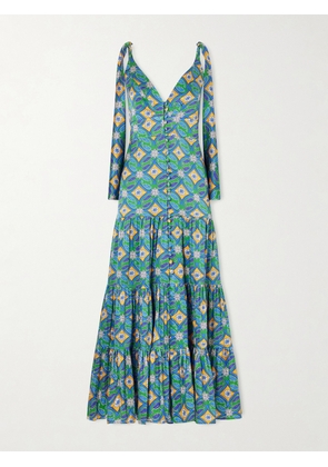 Cristiano Marcheli - Donatella Tie-detailed Tiered Printed Silk-blend Satin Maxi Dress - Green - x small,small,medium,large,x large