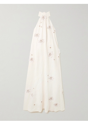Agua by Agua Bendita - Lima Embellished Appliquéd Linen Halterneck Maxi Dress - Off-white - x small,small,medium,large,x large