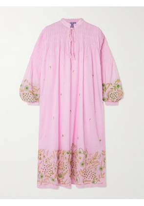 Thierry Colson - Guise Tasseled Pintucked Embroidered Cotton-voile Midi Dress - Pink - 2 (L-XL),1 (XS-M)