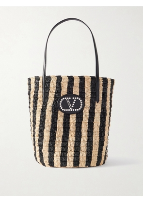 Valentino Garavani - Vlogo Signature Small Leather-trimmed Striped Raffia Bucket Bag - Black - One size