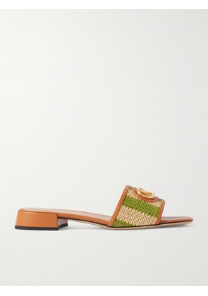Valentino Garavani - Vlogo Embellished Leather-trimmed Striped Raffia Slides - Green - IT35,IT36,IT37,IT37.5,IT38,IT38.5,IT39,IT39.5,IT40,IT41,IT41.5,IT42