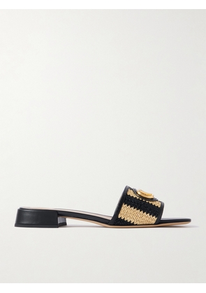 Valentino Garavani - Vlogo Embellished Leather-trimmed Striped Raffia Slides - Black - IT35,IT36,IT36.5,IT37,IT37.5,IT38,IT38.5,IT39,IT39.5,IT40,IT41,IT41.5,IT42