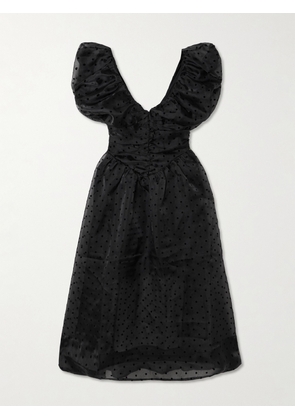 GANNI - Ruched Flocked Polka-dot Recycled Organza Midi Dress - Black - EU 32,EU 34,EU 36