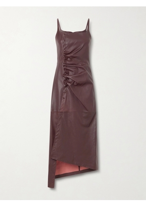 RABANNE - Asymmetric Ruched Leather Midi Dress - Brown - FR 34,FR 36,FR 38,FR 40,FR 42,FR 44