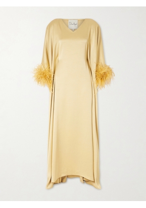 Dima Ayad - Asymmetric Feather-trimmed Satin Gown - Yellow - XS/S,M/L,XL/2XL,3XL/4XL