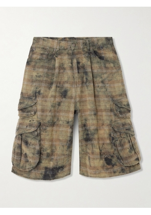 R13 - Checked Distressed Cotton-flannel Cargo Shorts - Green - 24,25,26,27,28,29,30