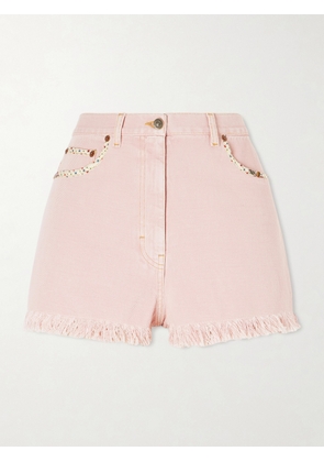Valentino Garavani - Frayed Embellished Cotton And Linen-blend Denim Shorts - Pink - 24,25,26,27,28,29,30,31,32