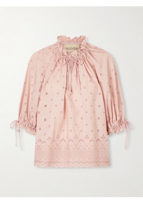 Valentino Garavani - Tie-detailed Gathered Broderie Anglaise Cotton Blouse - Pink - IT36,IT38,IT40,IT42,IT44,IT46,IT48,IT50
