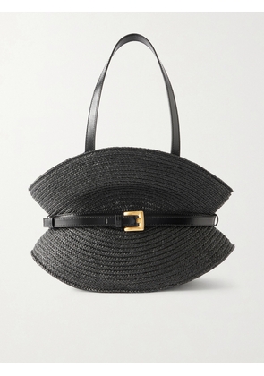Balmain - Shuffle Medium Buckled Leather-trimmed Raffia Shoulder Bag - Black - One size
