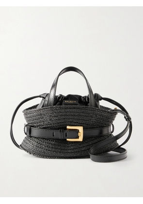 Balmain - Shuffle Mini Buckled Leather-trimmed Raffia Shoulder Bag - Black - One size