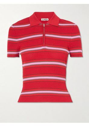 STAUD - Ren Striped Ribbed-knit Polo Shirt - Red - x small,small,medium,large,x large