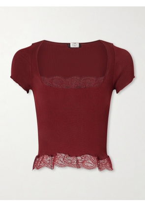 SAINT LAURENT - Cropped Leavers Lace-trimmed Ribbed Silk-jersey Top - Burgundy - x small,small,medium,large