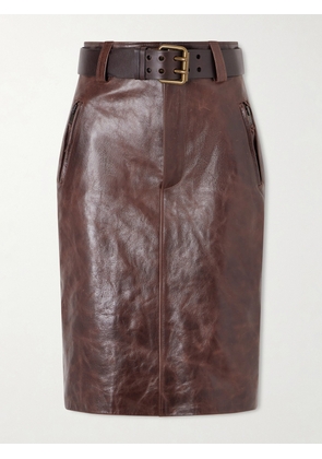 SAINT LAURENT - Belted Leather Pencil Skirt - Brown - FR 36,FR 38