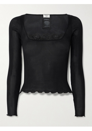 SAINT LAURENT - Lace-trimmed Ribbed Silk Top - Black - x small,small,medium,large