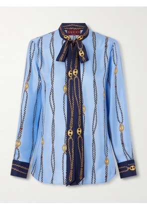 Gucci - Marina Waves Pussy-bow Printed Silk-twill Shirt - Blue - IT38,IT40,IT42,IT44