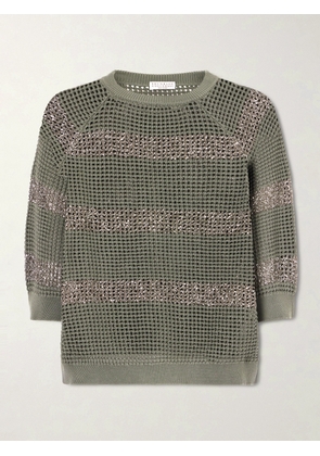 Brunello Cucinelli - Sequin-embellished Striped Open-knit Cotton Sweater - Green - xx small,x small,small,medium,large,x large,xx large