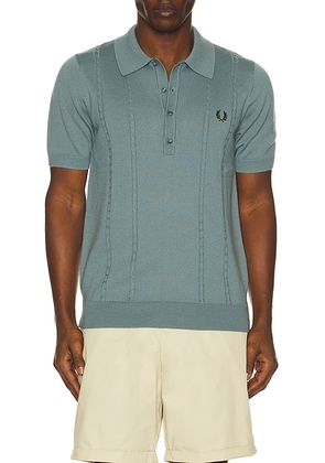 Fred Perry Cable Knitted Polo Shirt in Stockport Blue - Slate. Size L (also in M, S, XL/1X).