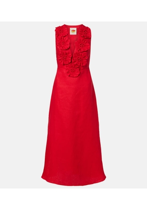 Farm Rio Floral-applique halterneck linen midi dress