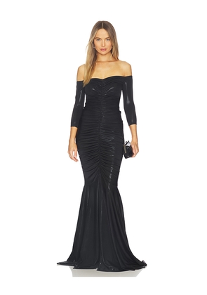 Norma Kamali Off Shoulder Shirred Front Fishtail Gown in Black. Size L. Also in M, S, XS, XXS.