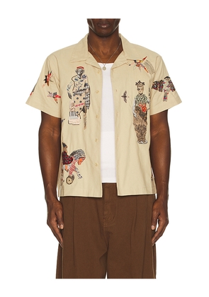 Samuel Zelig Collage Camp Shirt in Beige. Size L. Also in M, S, XL/1X, XXL/2X.