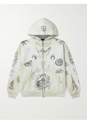 Balenciaga - Tat Printed Distressed Cotton-Jersey Zip-Up Hoodie - Men - Neutrals - XS