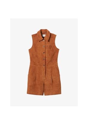 Womens Claudie Pierlot Sleeveless Brand-Embroidered Suede Playsuit