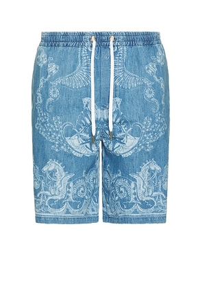VERSACE Laser Denim Holiday Print Short in Washed Medium Blue - Blue. Size 50 (also in 52).