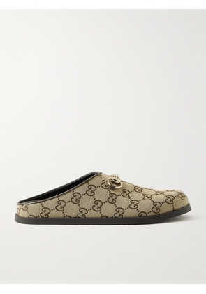 Gucci - New Sol Horsebit-detailed Leather-trimmed Canvas-jacquard Slippers - Neutrals - IT35,IT36,IT36.5,IT37,IT37.5,IT38,IT38.5,IT39,IT39.5,IT40,IT40.5,IT41,IT41.5,IT42