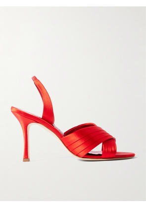 Manolo Blahnik - Vierasan 90 Pintucked Satin Slingback Sandals - Red - IT36,IT36.5,IT37,IT37.5,IT38,IT38.5,IT39,IT39.5,IT40,IT40.5,IT41,IT41.5,IT42