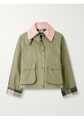 Barbour - Beadnell Corduroy-trimmed Cropped Cotton-twill Jacket - Green - UK 6,UK 8,UK 10,UK 12,UK 14,UK 16,UK 18